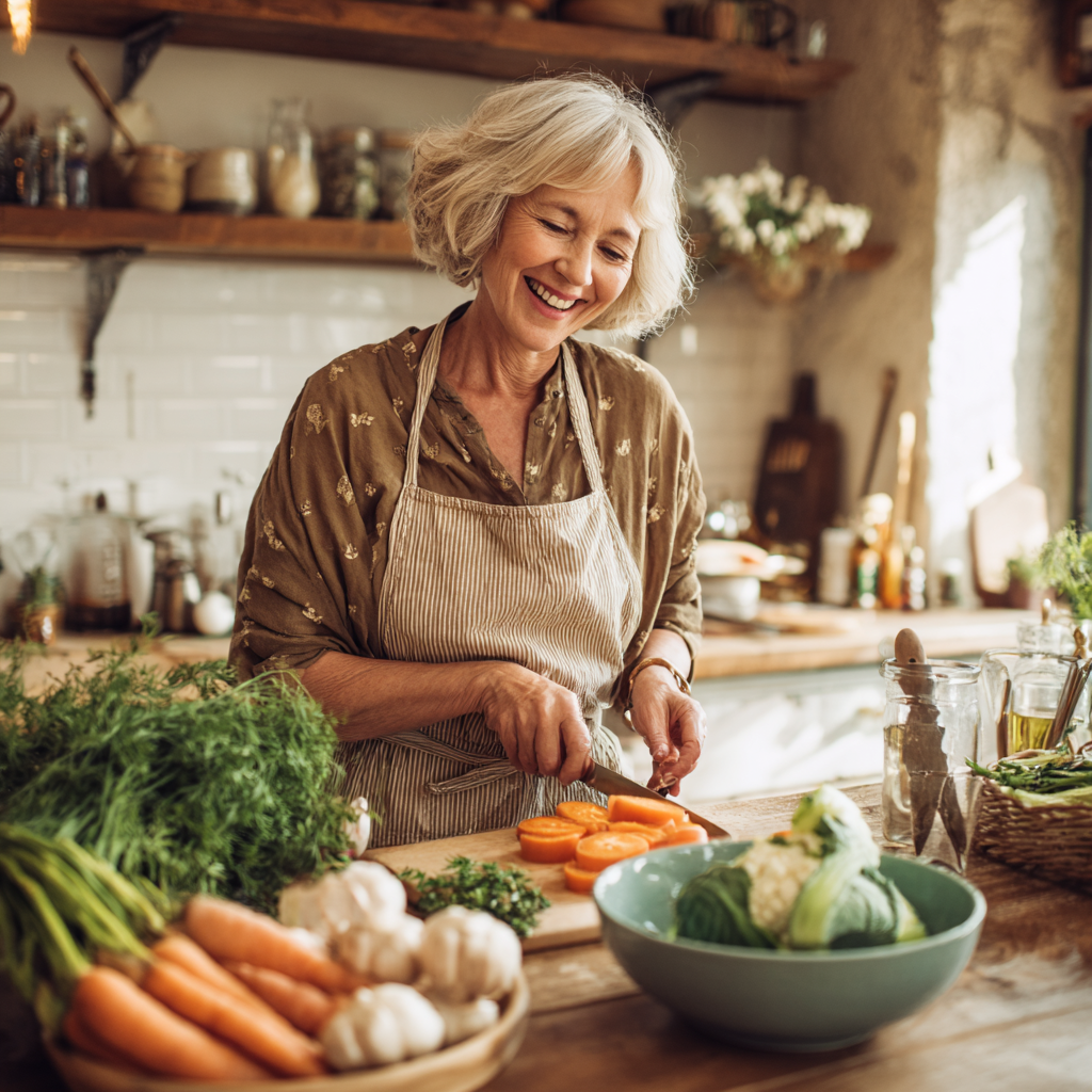Smiling elderly European woman holding a colorful, nutritious meal plate with fresh vegetables and healthy foods