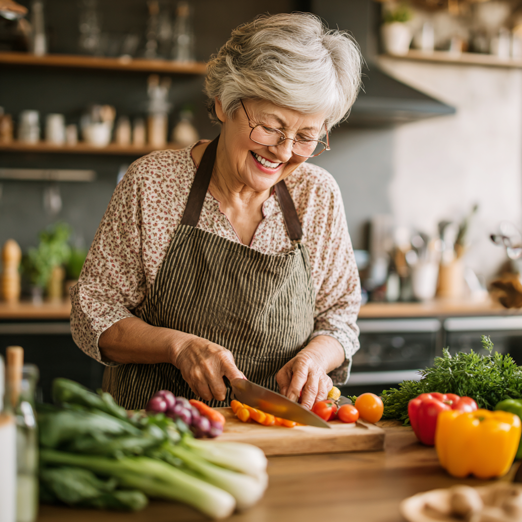 Smiling elderly European man preparing a balanced meal with fresh vegetables and healthy ingredients in a modern kitchen