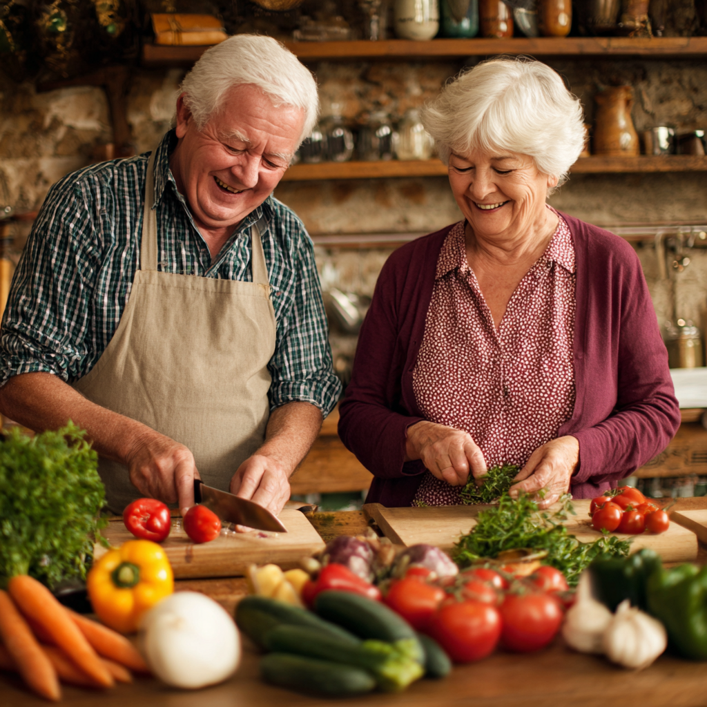 Smiling elderly European woman with grey hair holding a tablet and sitting at a table with healthy food ingredients, representing nutrition consultation